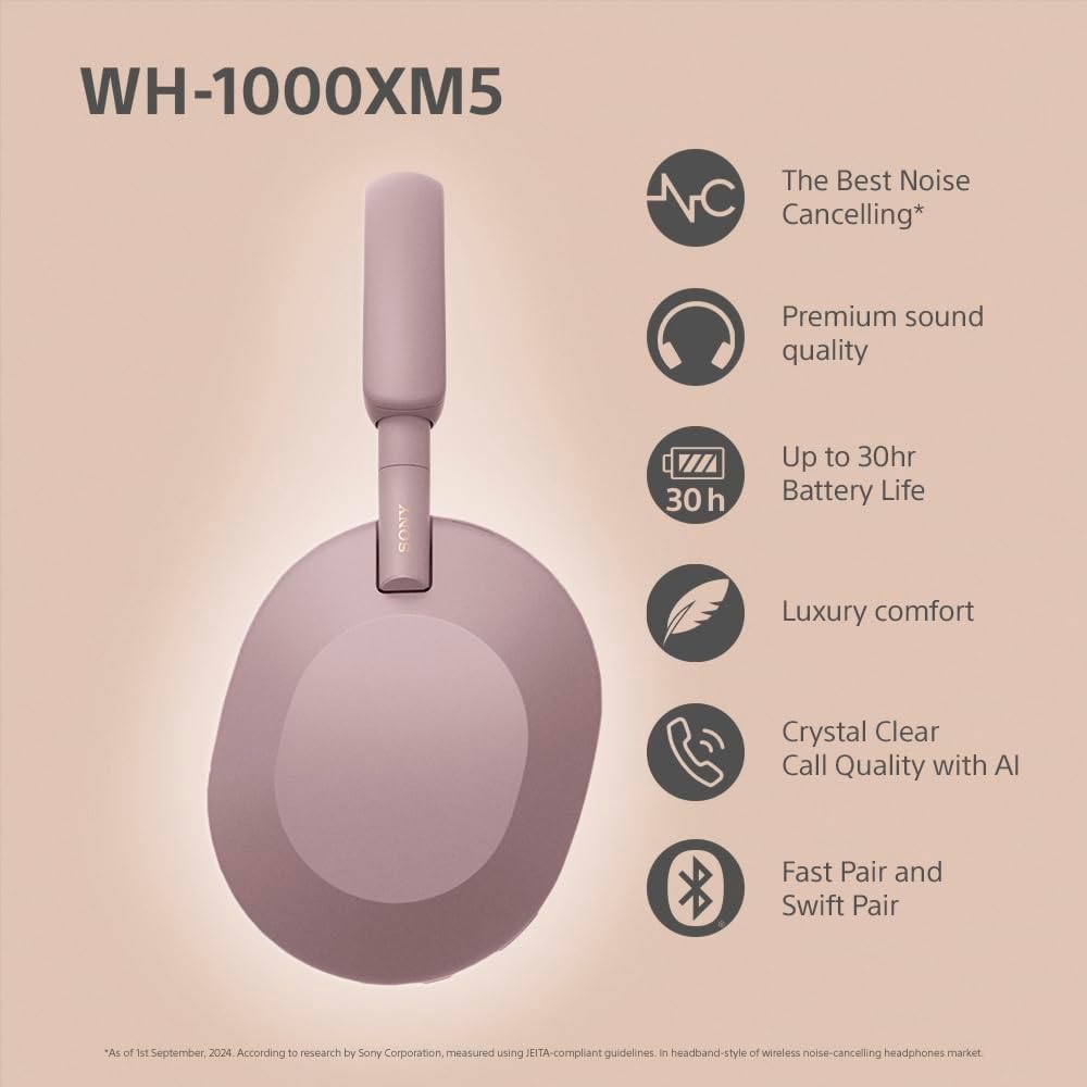 Sony WH-1000XM5 Noise Cancelling Wireless Over-Ear Headphones, Bluetooth, Clear Call Quality, Hi-Res, Up to 30hr Battery Life, Quick Charge - Smoky Pink (Renewed)