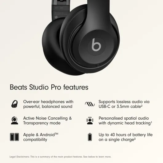 Beats Studio Pro – Wireless Bluetooth Noise Cancelling Headphones – Personalised Spatial Audio, USB-C Lossless Audio, Apple & Android Compatibility, Up to 40 Hours Battery Life – Black