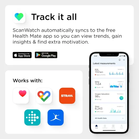 ScanWatch – Hybrid Smart Watch with ECG, Heart Rate, Oximeter - 30 Day Battery Life - Smart Watches for Women, Smart Watch for Men, Fitness Tracker - Android & iOS,Black,42mm