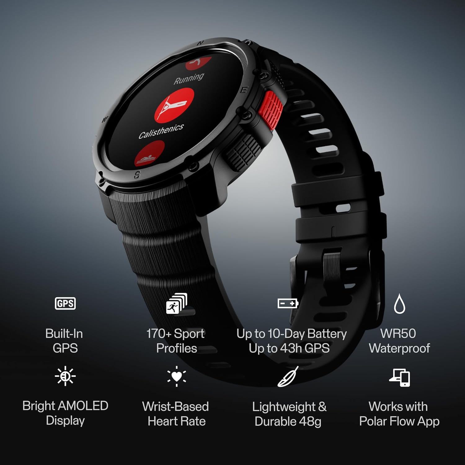 Street X - GPS Running Sports Watch - Rugged Waterproof - 170+ Sport Profiles - 10 Day Battery - AMOLED Display - Wrist Based Heart Rate Monitor - 3-Year Amazon Exclusive Warranty Black