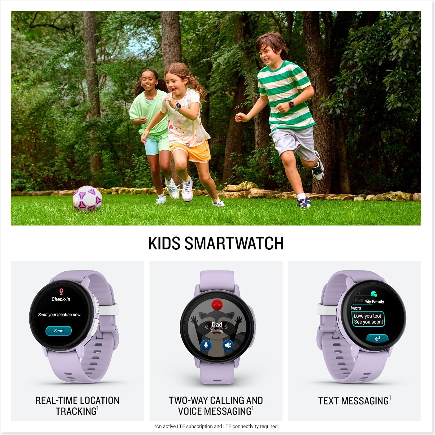 Garmin Bounce 2, LTE GPS smartwatch & fitness tracker for kids, two way calling & texting, real time location, music, swim-friendly, school mode, stay active together,up to 2 days battery life, Purple