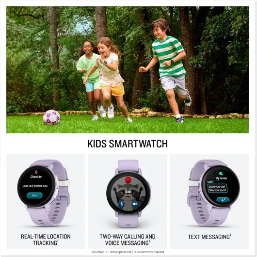 Garmin Bounce 2, LTE GPS smartwatch & fitness tracker for kids, two way calling & texting, real time location, music, swim-friendly, school mode, stay active together,up to 2 days battery life, Purple