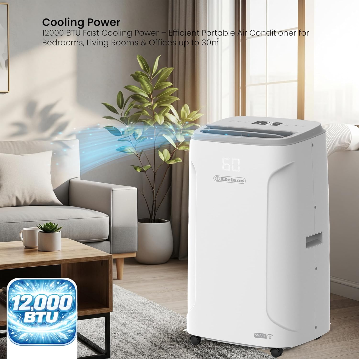 Air Conditioning Unit 12000 BTU with WiFi and Smart Functions, Portable Air Conditioner, 3-in-1 Dehumidifier Fan & Cooling Options, 24Hr Timer, Dual Window Kit Smart Hani 12000 Btu White