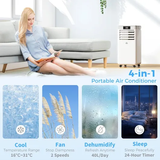 10000 BTU Air Conditioning Unit, 4-in-1 Portable Air Conditioner, Dehumidifier, Cooling, Fan, Sleep Mode, with Remote Control, LED Display, 2 Speeds, 24H Timer, Window Venting Kit, 22m² 10000BTU