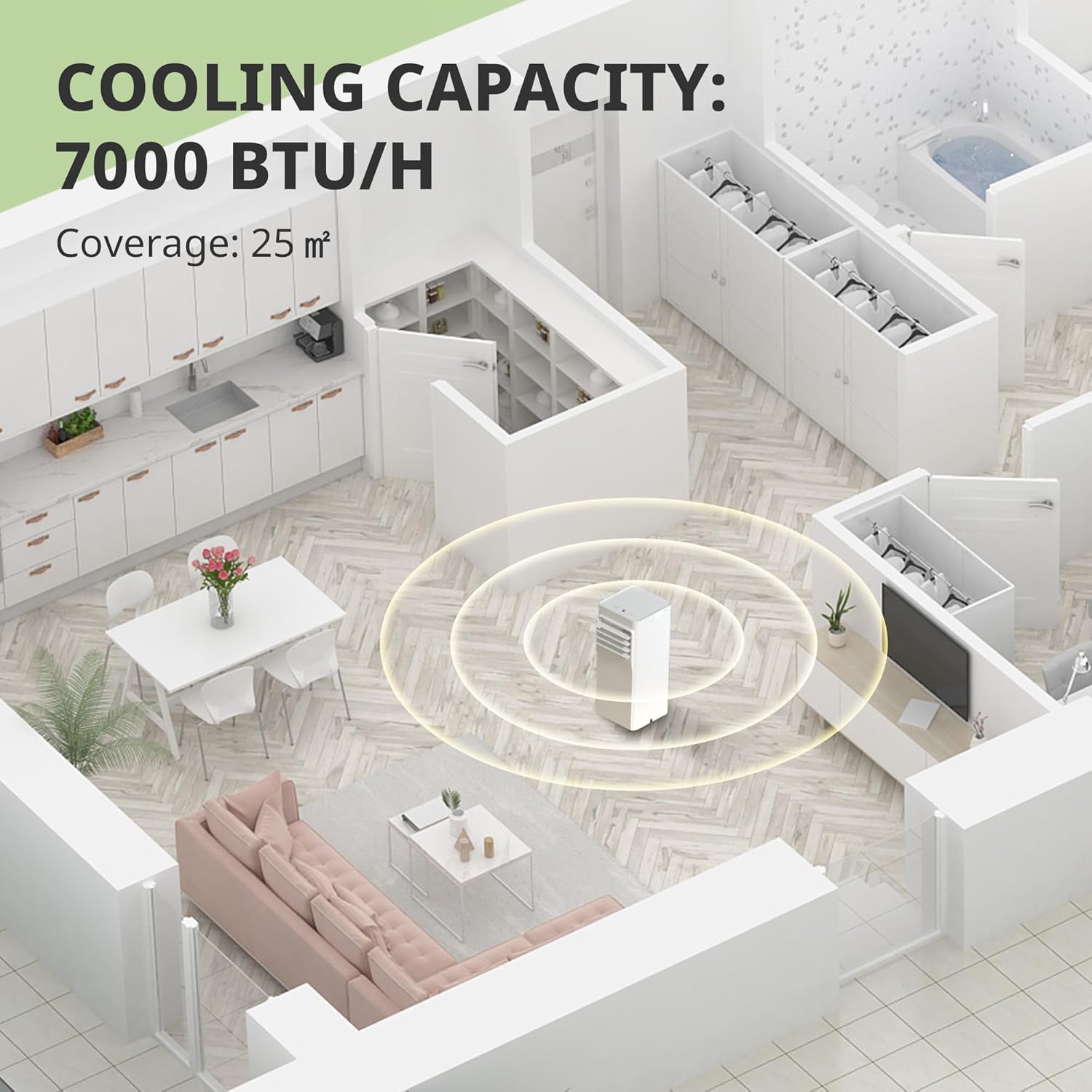 � 7000 BTU Portable Air Conditioner App Control with Dehumidifier & Fan mode, Remote Control & Window Installation Kit Included, 24-Hour Timer for Rooms Up to 269 sq.ft - (25㎡) 7000 BTU-Smart
