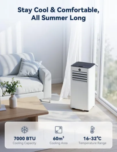 7000 BTU Portable Air Conditioner with Window Kit, 4-in-1 Mobile AC Unit – Cooling, Fan, Dehumidifier & Sleep Mode, Digital Display & Remote Control, for Rooms up to 20 m² Medium