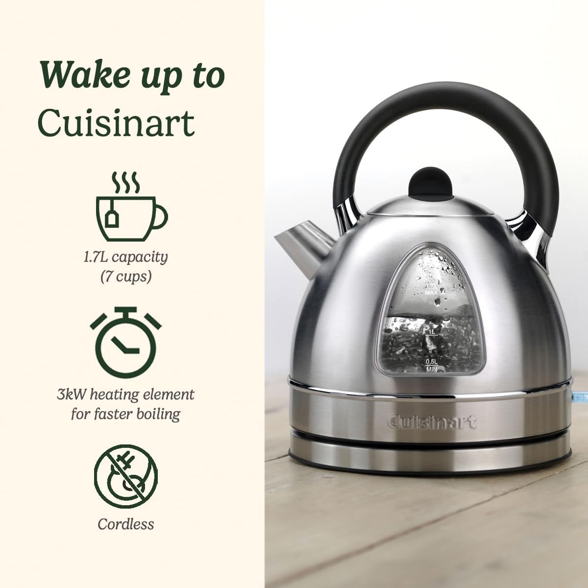 Cuisinart Traditional Style Electric Kettle Fast Boil, Cordless, Quiet, Easy Pour Easy Clean, Removable Limescale Filter 1.7L Capacity 3Kw Matching Toaster Available Stainless Steel 1.7 Litres Stainless Steel