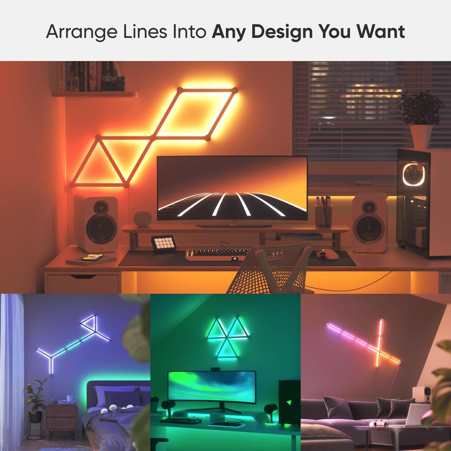 Lines 60 Degrees Starter Kit, 9 Smart Light Bars LED RGBW - Backlit Modular Wi-Fi Colour Changing Wall Lights, Music & Screen Sync, Works with Alexa Google Assistant Apple Homekit, Room Decor 9 Pack Starter Kit (60° angle)
