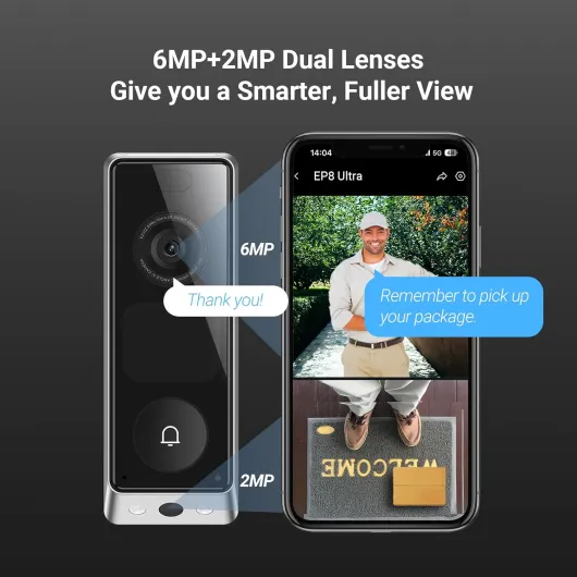 Video Doorbell Dual Camera 6MP & 2MP with Chime, WLAN Bell Wireless, 2 x 9600 mAh Battery, Integrated Screen, Person/Parcel Detection, 32 GB Internal Memory, Colour Night Vision, EP8 Ultra Black