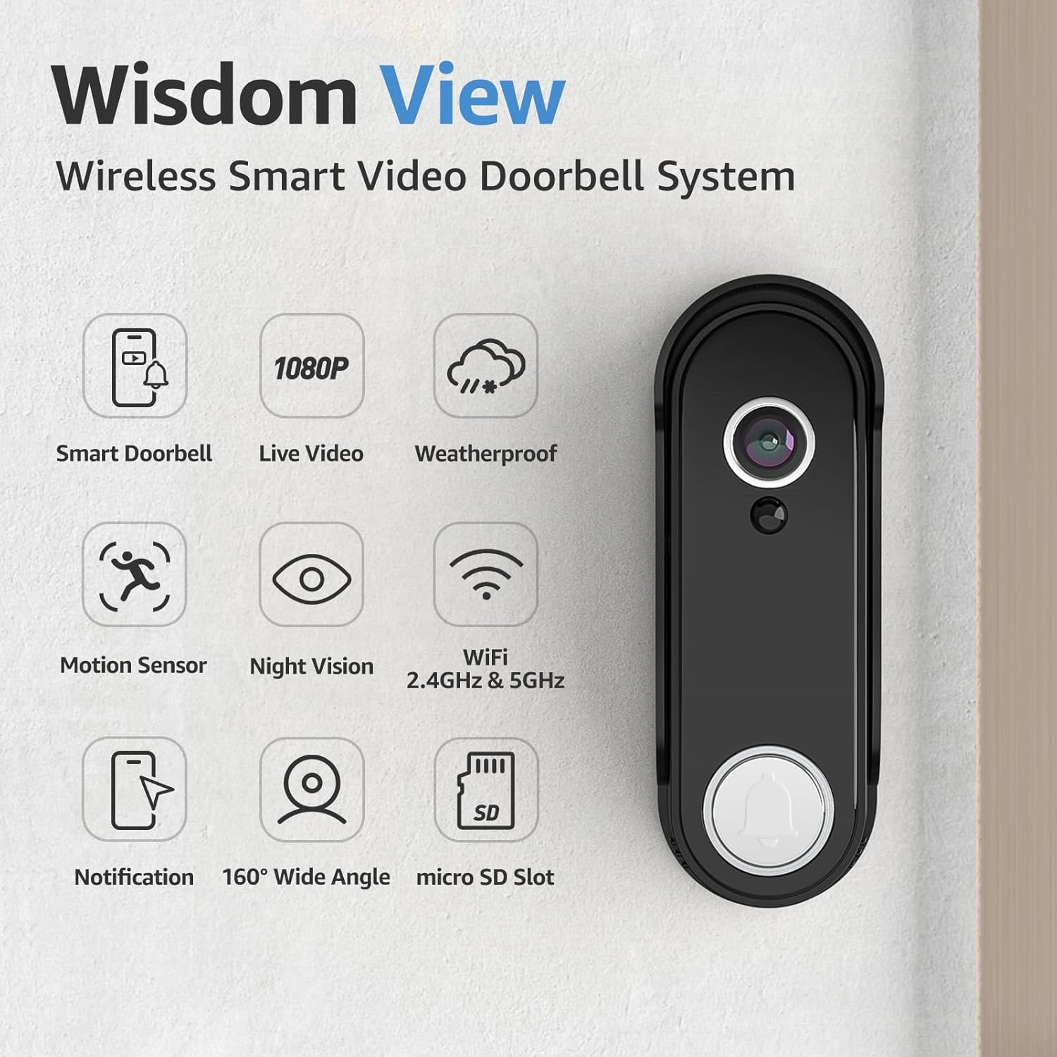 WISDOM Wireless Video Doorbell with 7" Touchscreen Monitor, 1080P HD Smart Doorbell Camera, No Monthly Fee, Motion Detection, 2-Way Audio, Night Vision, Local Storage, Easy Installation Black