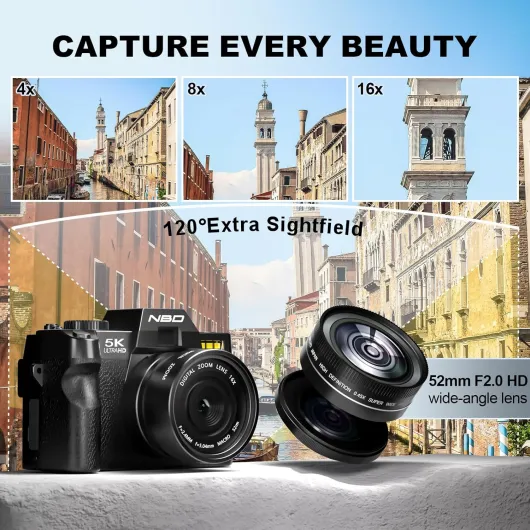 5K&64MP Digital Camera for Photography & Video, 16X Zoom, WiFi, 180° Flip Screen, Autofocus, Anti-Shake, Wide-Angle & Macro Lens, Built-In Fill Light, 64GB Card (Black) (Black)