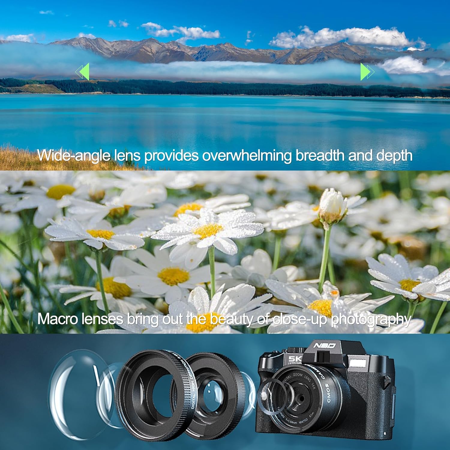 5K 64MP Digital Cameras for Photography - 16X Zoom with Autofocus, WiFi & App Control, Anti-Shake, 180° Flip Screen, Includes 64GB TF Card, 52mm Wide Angle and Macro Lens (Graphite)