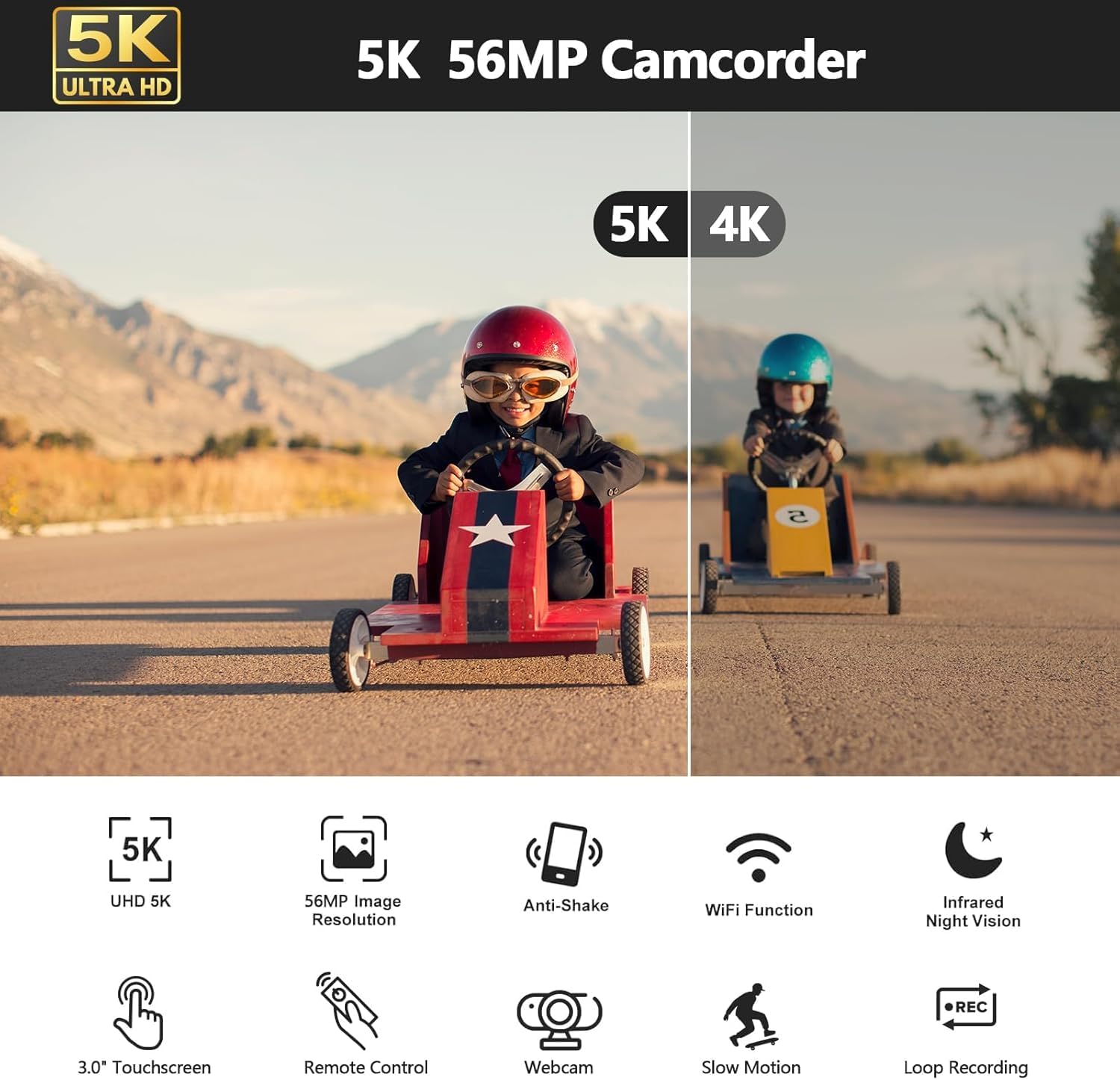 Camcorder Video Camera 5K 56MP Vlogging Camera for YouTube, WiFi, IR Night Vision, 3" 270° Touchscreen, 16X Digital Zoom, Webcam, Stabilizer, Remote Control, 2 Batteries, 64GB SD Card pitch black