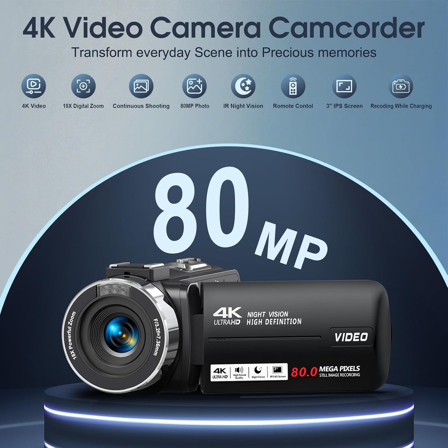 4K Video Camera Camcorder 80MP 18X Digital Zoom IR Night Vision Vlogging Camera, 3.0 Inch Screen YouTube Camera with 32GB SD Card, Microphone, Remote Control and 2 Batteries Deep Black