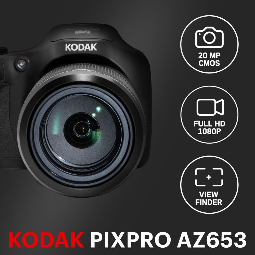 Kodak PIXPRO AZ653 – Appareil Photo Numérique Bridge 20MP, Zoom Optique 65X, Grand Angle 24mm, Vidéo Full HD 1080p, Viseur Électronique et Wi-FI – Noir