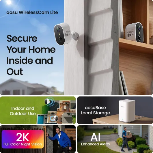 2K Security Cameras Wireless Outdoor Indoor, 2 Cam Kit & 2.0 aosuBase, No Subscription, 120 Days Local Storage, Expandable, Spotlight & Siren Alarm, Full Color Night Vision PIR & AI Detection 2-Cam-Kit