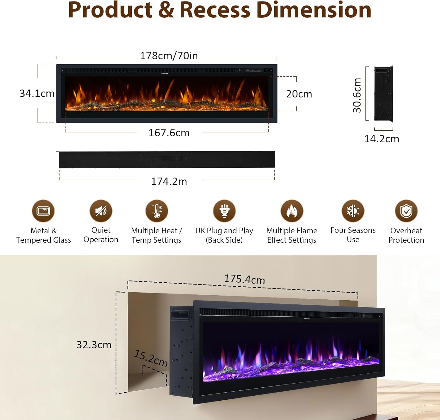 Electric Fire Wall Mounted/Recessed/Freestanding 178cm Electric Fireplace with Remote & Touch Screen Control 12 LED Color Flame Effect, 2 Heat Settings 900W&1800W, Crystal & Log Set 178 cm