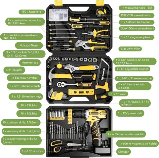 248 Piece Tool Kit with Drill - 12V Cordless Drill & Hand Tools for DIY, Home Repairs, Mechanic Tool Set - Portable Large Toolbox with Storage Drawer, Screwdrivers, Bits, Pliers & More (Yellow)