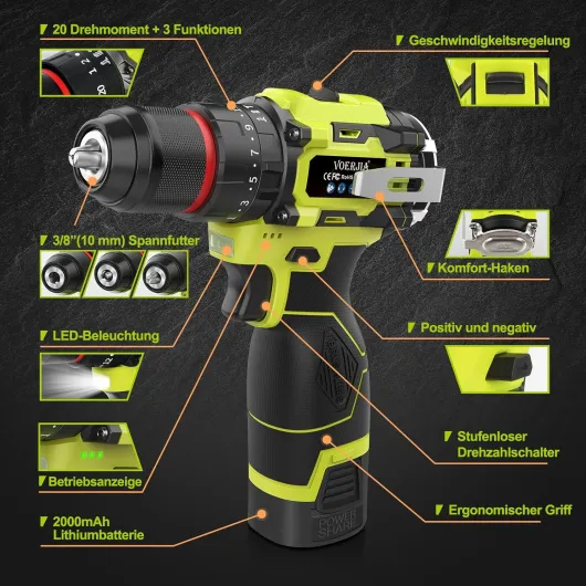 VOERJIA 16.8V Cordless Drills, Battery Drill with 2*2000mAh Batteries, 50N.m Max Hammer Drill, 20+3 Torque Electric Drills, 3/8" Chuck & 2 Spees LED Brushless Drill Set, 34Pc DIY Power Tools for Home