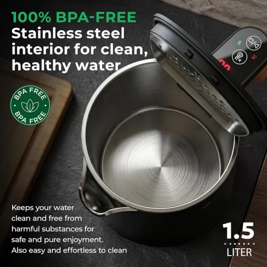 BALTER electric kettle with temperature control, 45 °C - 100 °C, Stainless steel, double wall, BPA-free, quiet, warming function, kettles electric, 1.5 L, 2200 W, Black