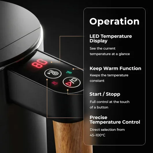 BALTER electric kettle with temperature control, 45 °C - 100 °C, Stainless steel, double wall, BPA-free, quiet, warming function, kettles electric, 1.5 L, 2200 W, Black