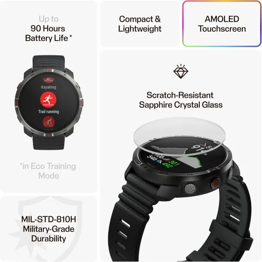 Grit X2 Outdoor Multisport GPS Watch – AMOLED Display, Offline Maps, Dual-Frequency GPS, Wrist ECG, Elixir Biosensing, TrainingPeaks, SpO2, Up to 7-Day Battery Life Black
