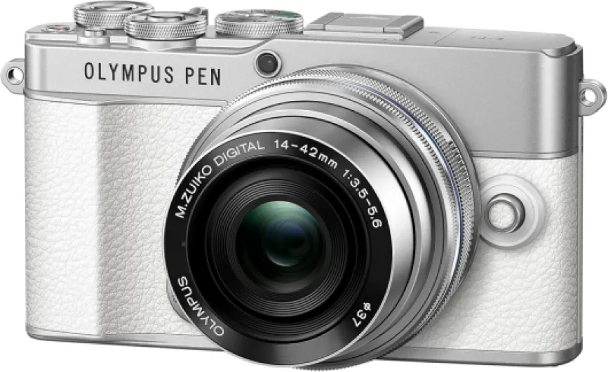 Olympus PEN E-P7 Camera Kit, 20 MP Sensor, 5-axis image stabilisation, tilt HD LCD, 4K, Wi-Fi,color and monochrome profile control, white incl - M.Zuiko Digital ED 14-42mm EZ silver