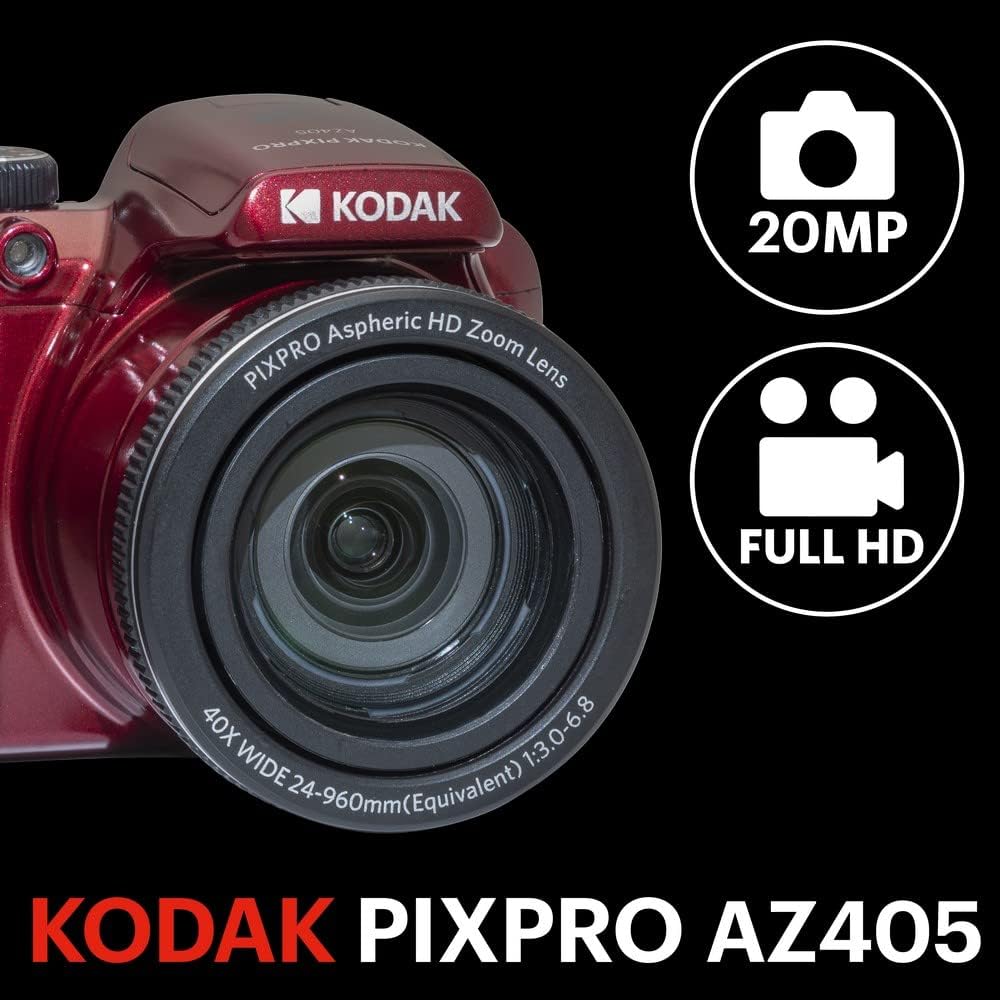Bridge Digital Pack Pixpro Astro Zoom AZ405 + 32GB Kodak Ultra High Speed U1 SDHC Card – 20MP Camera, 40X Zoom, Wide Angle, 3" LCD Screen, Full HD 1080p Video, OIS, AA Battery – Red RED CAMERA + SD CARD