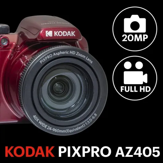 Bridge Digital Pack Pixpro Astro Zoom AZ405 + 32GB Kodak Ultra High Speed U1 SDHC Card – 20MP Camera, 40X Zoom, Wide Angle, 3" LCD Screen, Full HD 1080p Video, OIS, AA Battery – Red RED CAMERA + SD CARD
