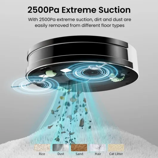 Robot Vacuum Cleaner with Mop, 190° PSD Precise Obstacle Avoidance, 120min Runtime, 2500pa, 4 Cleaning Modes, Auto-charging, Robotic Vacuums with Remote Control, WIFI/App/Alexa Voice Control Pure White