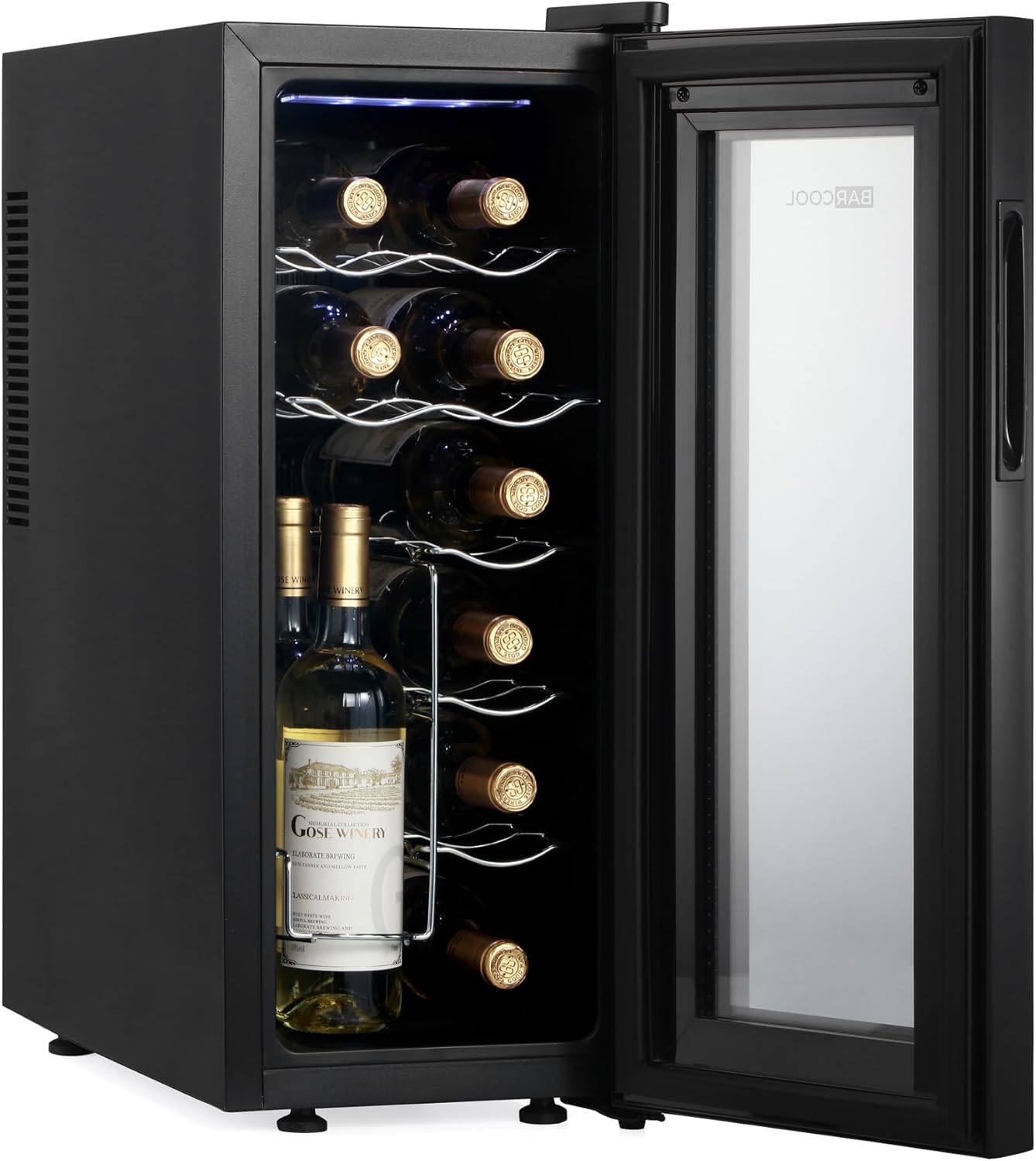Barcool VINO12 – Table-Top Slim Wine Cooler Fridge Black - 5-18°C - 12 Bottle Wine Fridge - LED + Digital Display - UV-Tempered Glass Door Drinks Cellar - Single-Zone 12 Bottle (Slim Version)