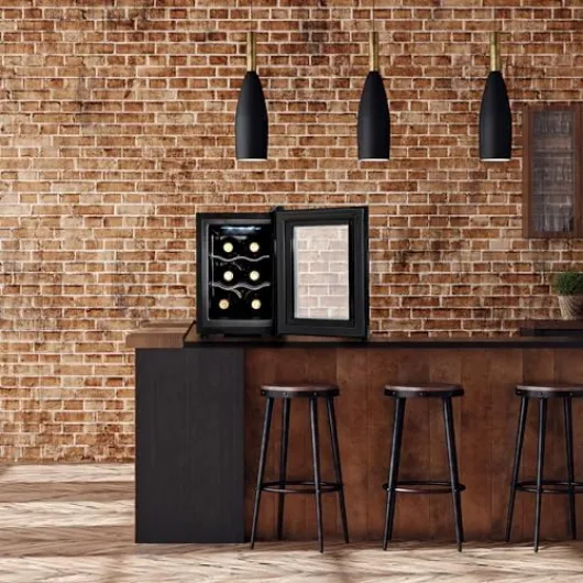 Barcool VINO6 – Table-Top Wine Fridge Black - 5-18°C - Wine Cooler - LED + Digital Display - Glass Door Drinks Cellar - Single-Zone (6 Bottle)