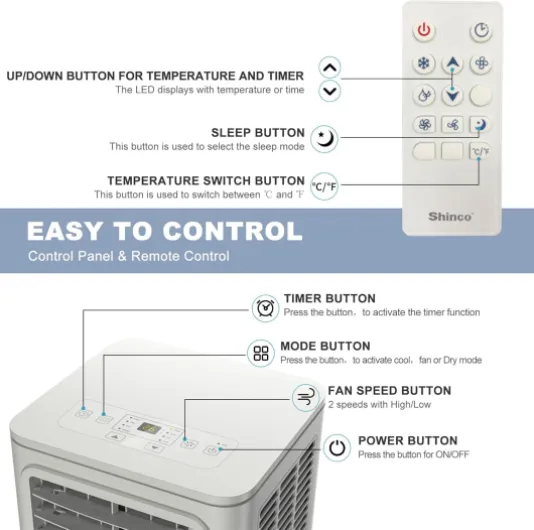 Portable Air Conditioner, 9000 BTU 2,6kW, Cooling, Dehumidifier, Fan, Sleep Mode, For Max 18㎡, Remote Control, 24h Timer, Window Kits [Energy Class A]