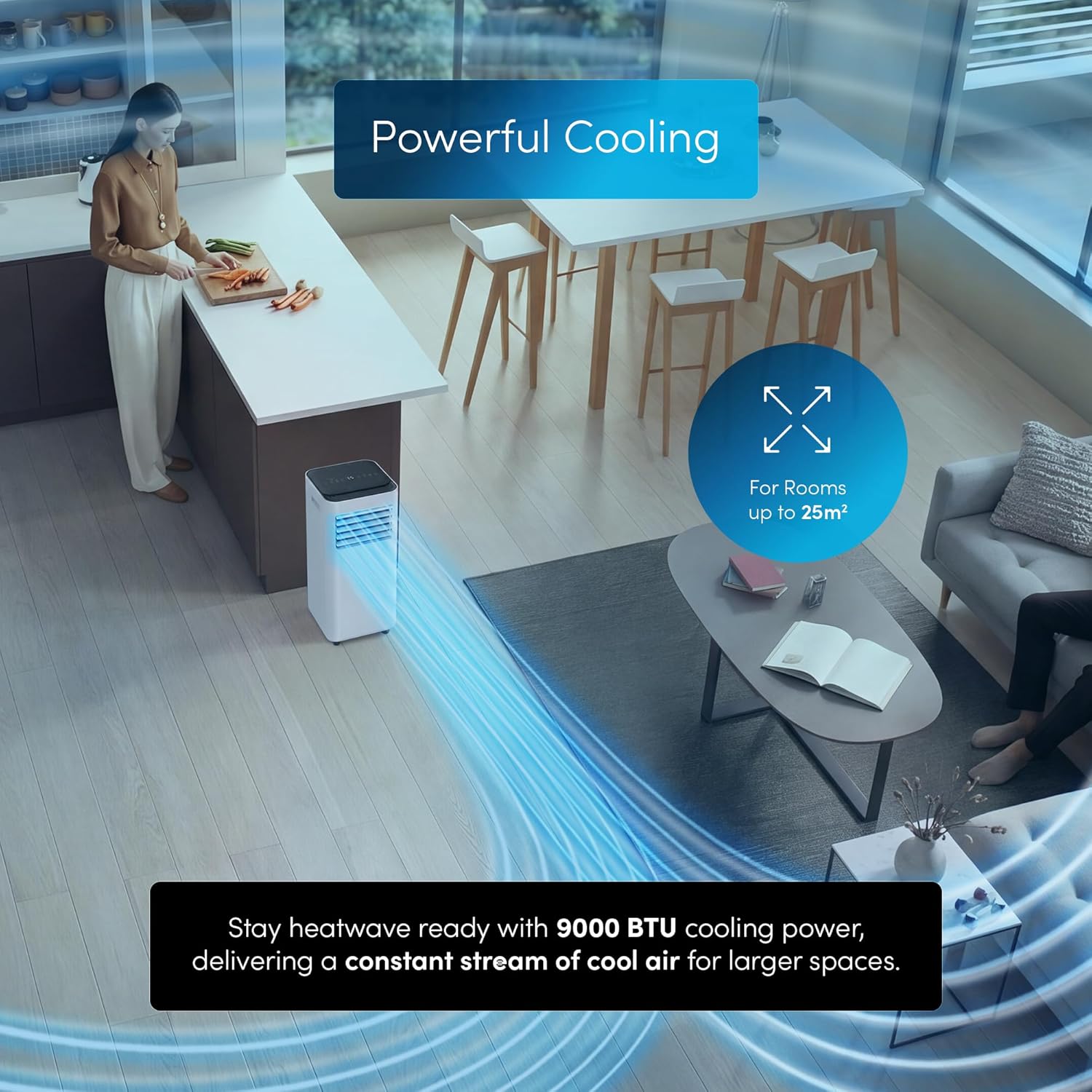 Air Conditioner 9000 BTU, 4-in-1 Portable Air Conditioning Unit, Dehumidifier, Cooling Fan with 2 Fan Speeds, Digital Display, Remote Control, 24 Hour Timer & Dual Window Venting Kit
