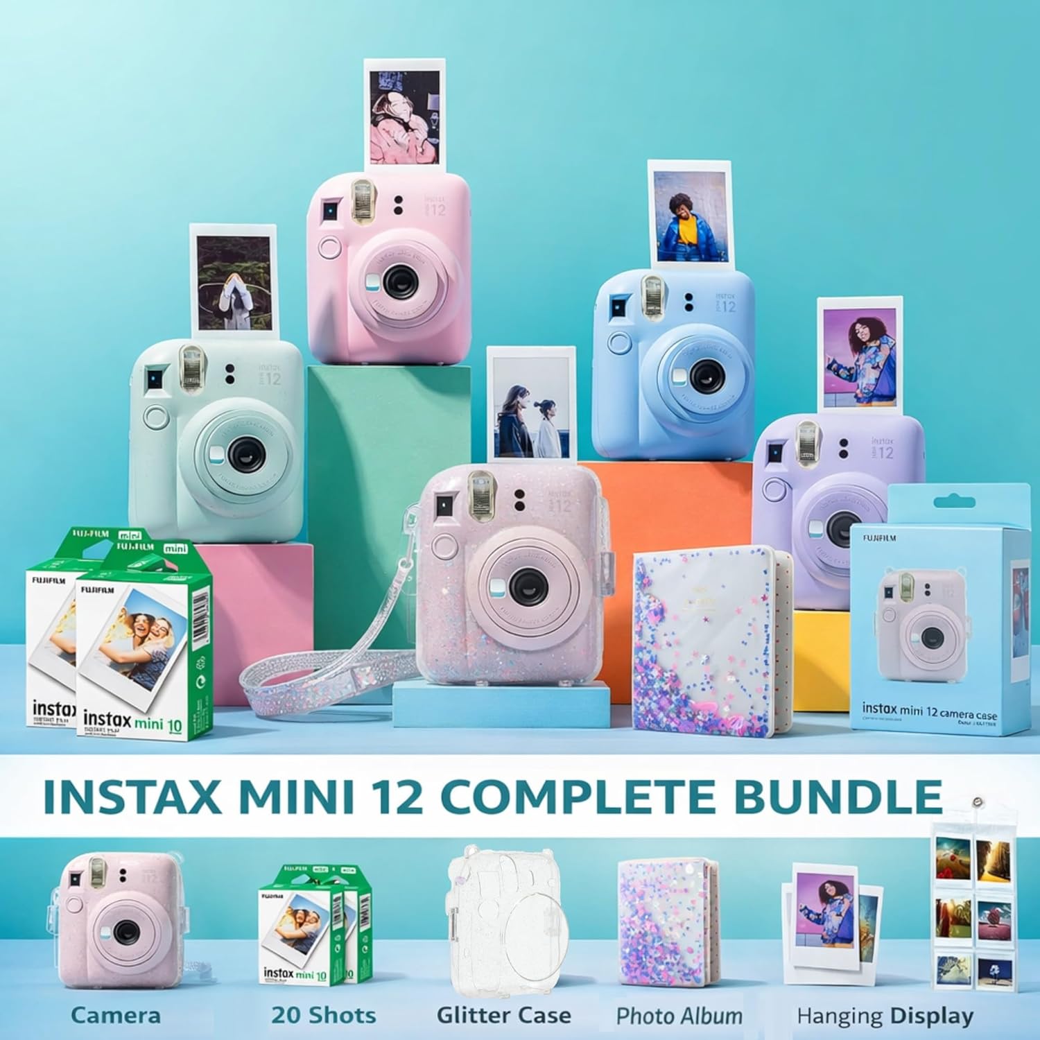 Fujifilm INSTAX Mini 12 Camera Mint Green id Bundle – Includes Mini 12 Green Camera, 20-Shot INSTAX Mini Film, Clear Glitter Camera Case, Photo Album & Hanging Wall Photo Display Mint Green Mini 12 Starter Bundle