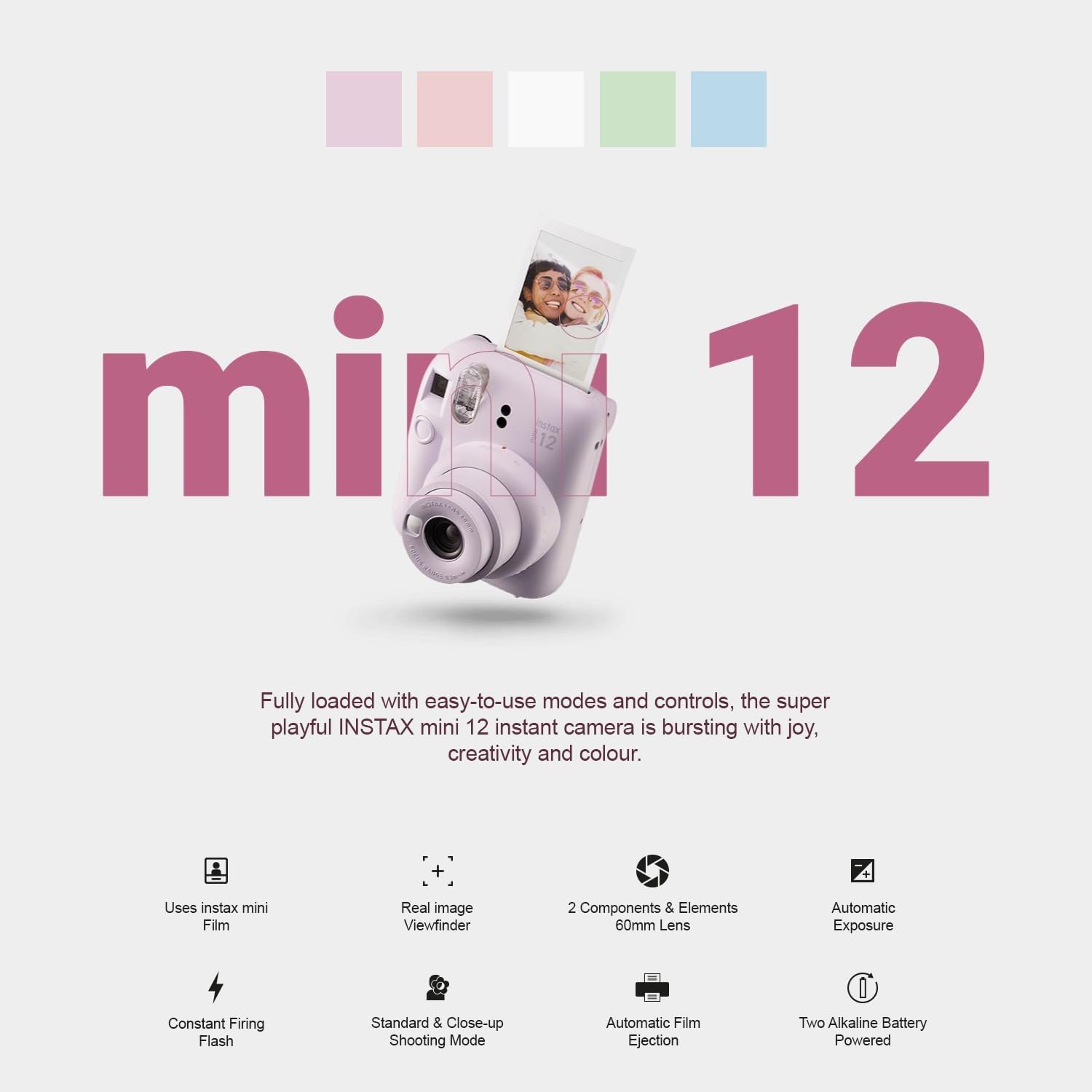 Instax Mini 12 Instant Camera Pastel Blue + Minimate Custom Case + Fuji Instax Film 20 Sheets Twin Pack