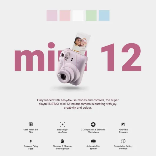 Instax Mini 12 Instant Camera Pastel Blue + Minimate Custom Case + Fuji Instax Film 20 Sheets Twin Pack