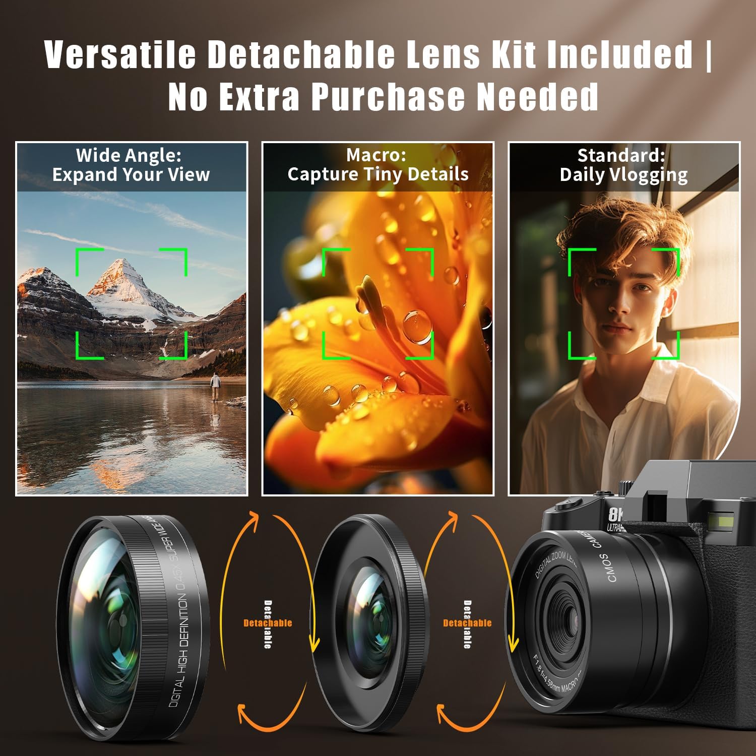 G-Anica 8K Capable Vlogging Camera & 64MP Digital Camera – AI-Enhanced Ultra HD Video, Advanced Digital Zoom, WiFi App Control – Pro Creator Kit with Wide-Angle/Macro Lenses,and 32GB TF Card (Black)