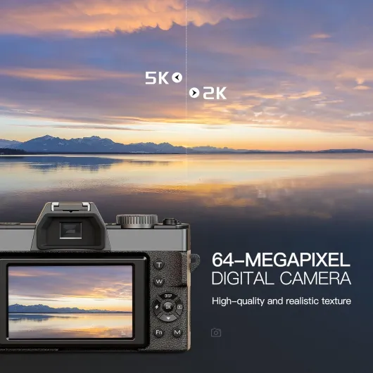 5K 64MP Digital Cameras for Photography - 16X Zoom with Autofocus, WiFi & App Control, Anti-Shake, 180° Flip Screen, Includes 64GB TF Card, 52mm Wide Angle and Macro Lens (Black)