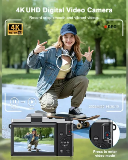 4K Digital Camera with WiFi, 64MP Autofocus Vlogging Camera Compact Travel Cameras for Photography, 3" 180° Flip Screen 16X Zoom Flash Anti-Shake, 32GB Card, 2 Batteries Black