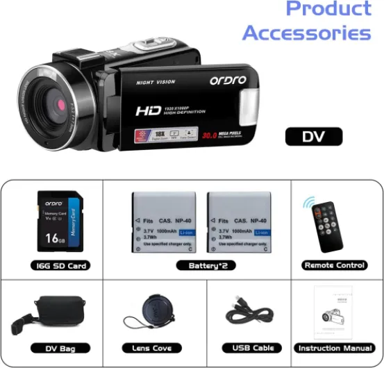 Full HD 1080P 30MP Camcorder 18X Digital Zoom IR Night Vision YouTube Video Camera 3.0" 270° Rotating Screen with 16GB Card & 2 Batteries Vlogging Camera (Black)