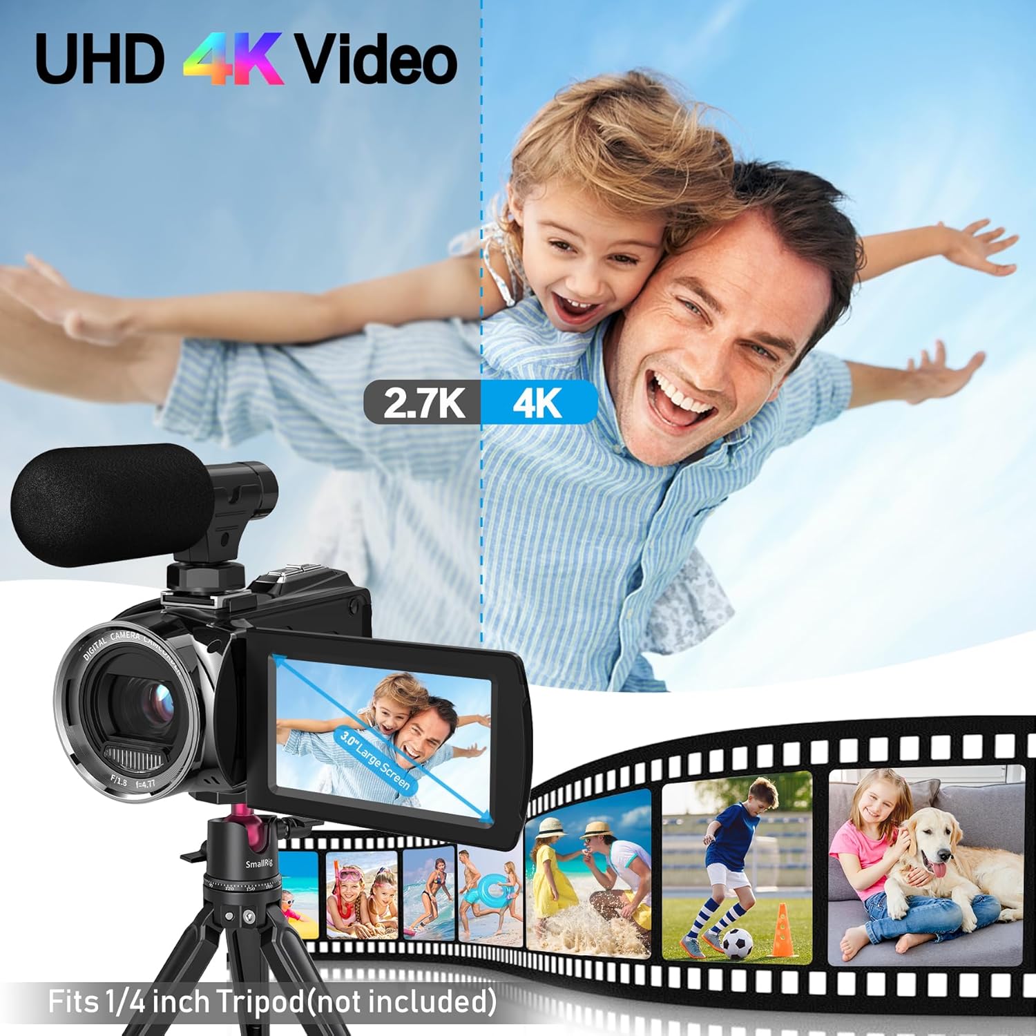 Video Camera Camcorder, Full HD 4K 48MP Digital YouTube Vlogging Camera Recorder,Video Camera 30FPS 3.0 Inch LCD 270 Rotatable Degrees IPS Screen with Microphone and 32GB SD Card