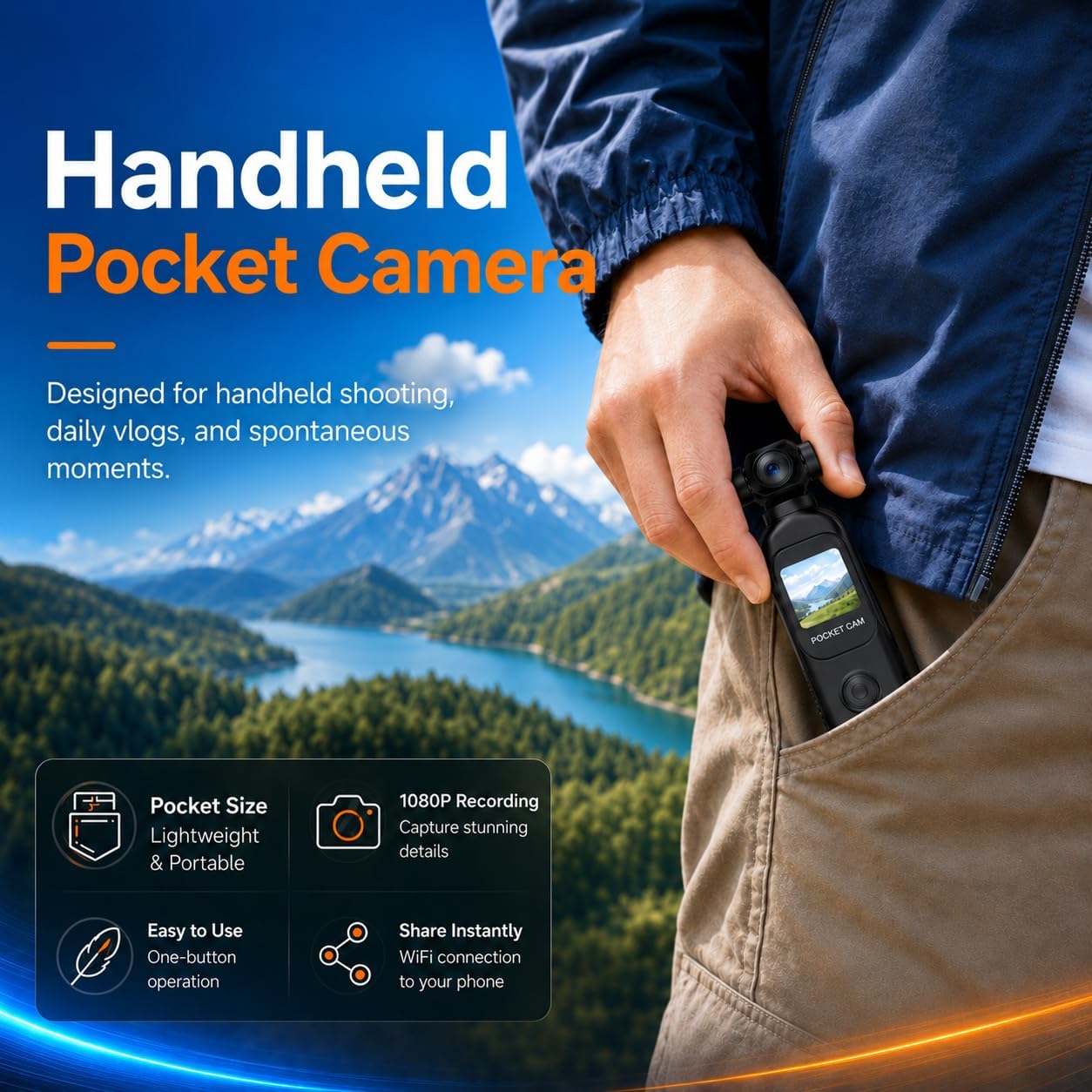 Vlogging Camera with 270° Rotating Lens, Pocket Camera with Audio & Video Recording,14-Hour Battery, Handheld POV Cameras with 32GB, Easy One-Button Recording for Travel,Daily Life Black H9232G
