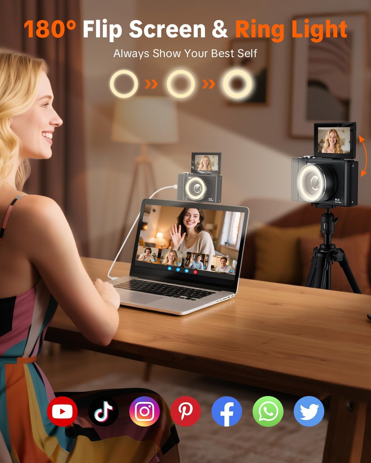 W&O Digital Camera with 180° Flip Screen & Ring Light,2500mAh Portable 4K Autofocus Vlogging Camera for Beginners,16X Digital Zoom Vintage Compact Camera for Photography & Video with 32GB Card (Black)