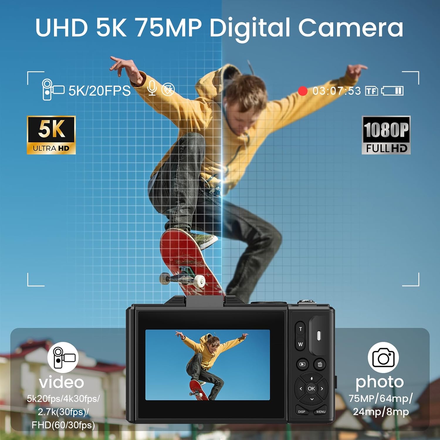 5K Digital Camera with WiFi Transfer, 75MP Vlogging, 18X Zoom & 3" Flip Screen, Auto Focus YouTube Camera, Compact for Kids, Teens & Beginners, Black（No SD Card Version) Black No SD Card