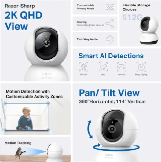 C220 2K Pan/Tilt Indoor Camera, WiFi Security Camera, AI Detections, Customizable Privacy Mode, 2-Way Audio, Night Vision, Cloud and Local Storage, Works With Alexa and Google, No Monthly Fee 2K 4MP Camera