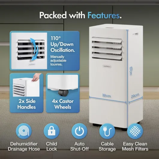 Air Conditioning Unit 9000 BTU – Portable Air Conditioner, Dehumidifier Mode, Air Con, Window Venting Kit, Remote Control, 4 Modes, 2 Speeds, 24hr Timer, LED Display, x4 Wheels, Carry Handles