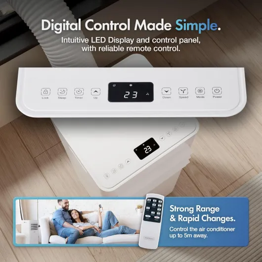 Air Conditioning Unit 9000 BTU – Portable Air Conditioner, Dehumidifier Mode, Air Con, Window Venting Kit, Remote Control, 4 Modes, 2 Speeds, 24hr Timer, LED Display, x4 Wheels, Carry Handles