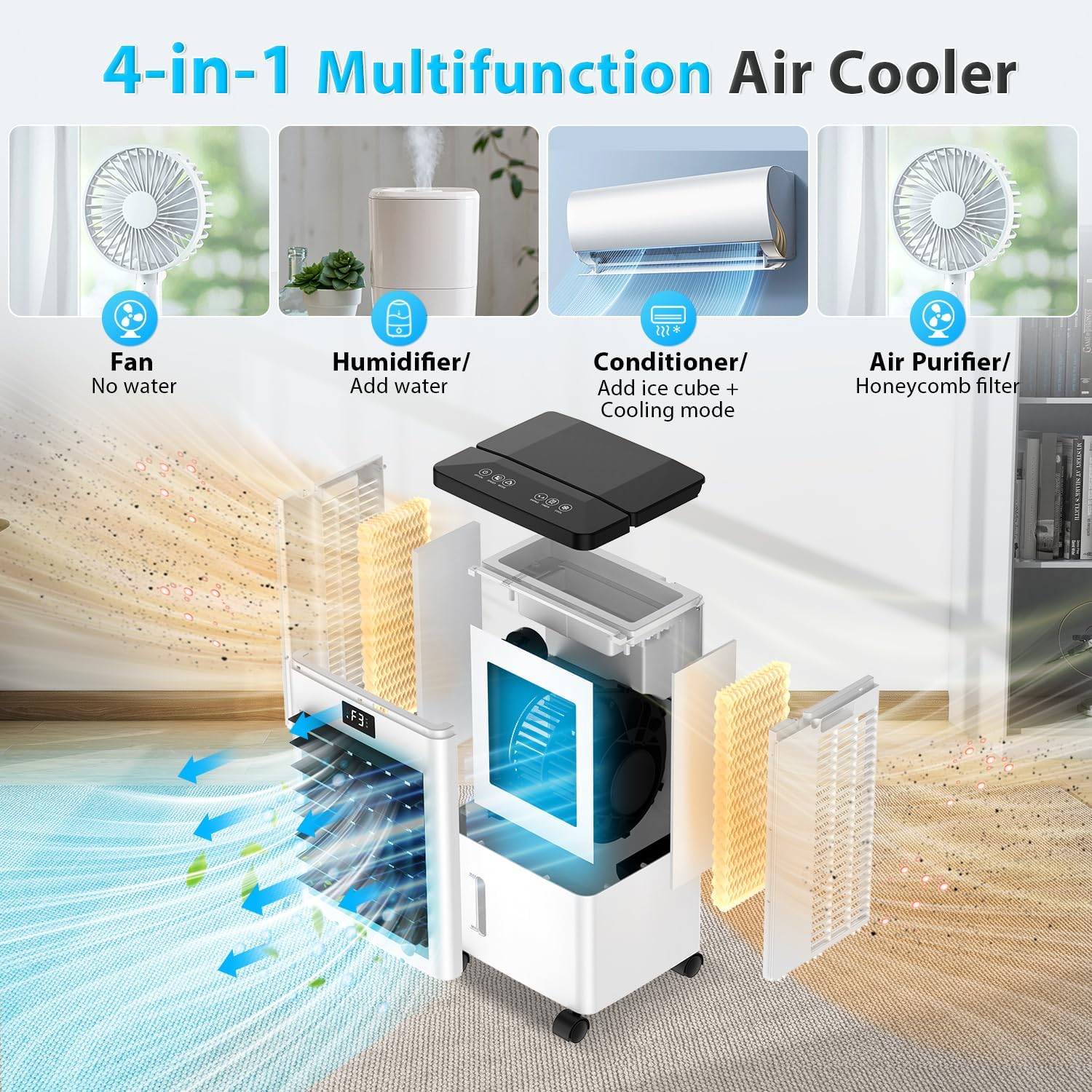 Portable Air Conditioner, 4-in-1 Evaporative Air Cooler with 3 Speeds and 120°Oscillation, 8L Large Water Tank, 45dB Quiet Cooling Fan, Energy-Saving Portable AC with Wheels for Home, Office, Bedroom