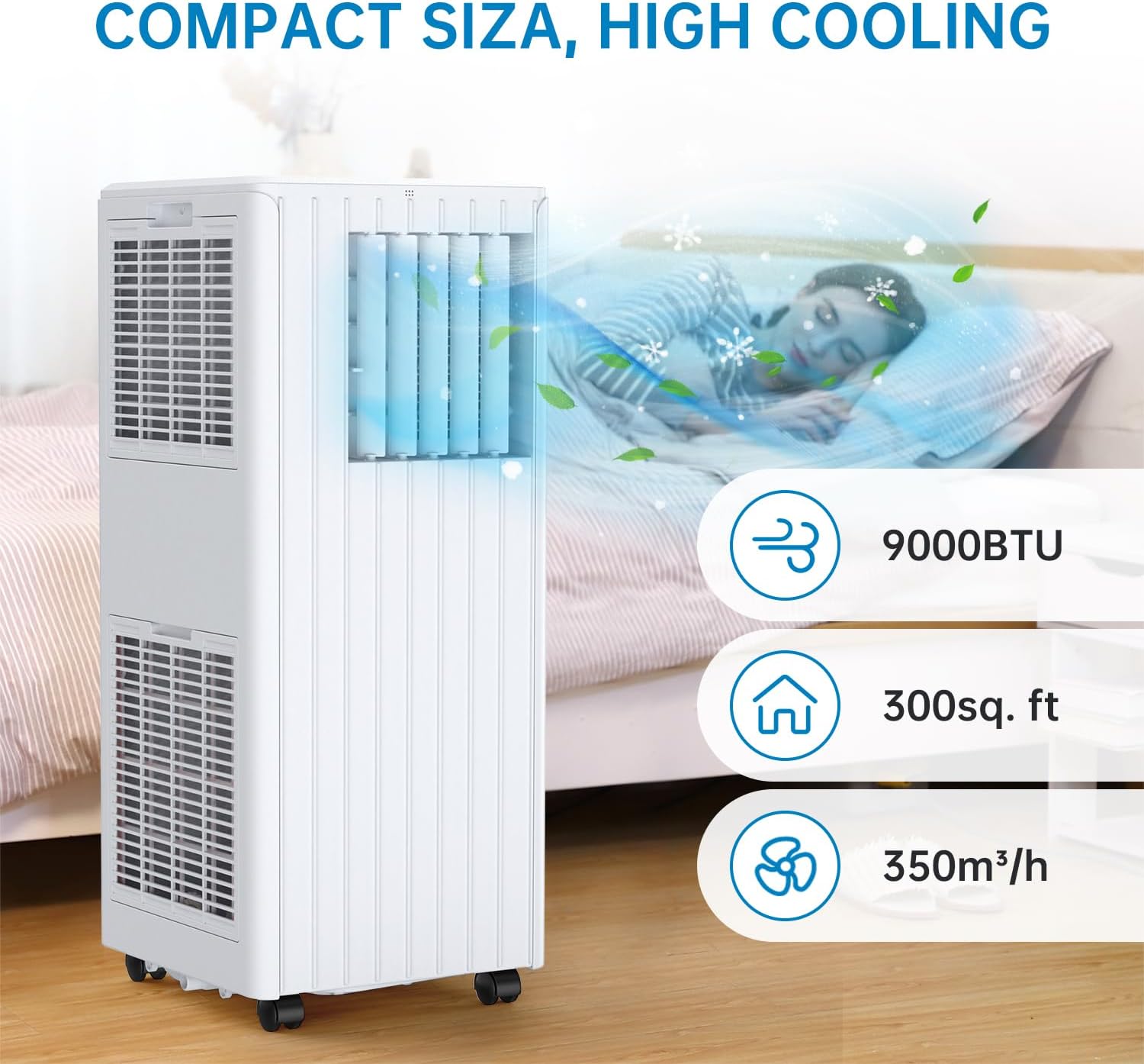 9000 BTU Portable Air Conditioner, 3-in-1 AC Unit with Cooling, Dehumidifier, Fan, 2 Speeds, 24H Timer, Sleep Mode, Remote, Window Kit for Home & Office Up to 300sq.ft [Energy Class a] 9000BTU